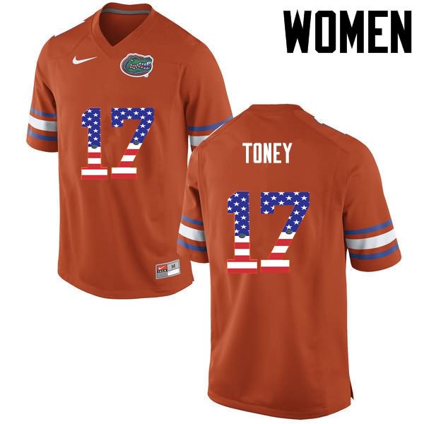 NCAA Florida Gators Kadarius Toney Women's #17 USA Flag Fashion Nike Orange Stitched Authentic College Football Jersey XTM7764BE